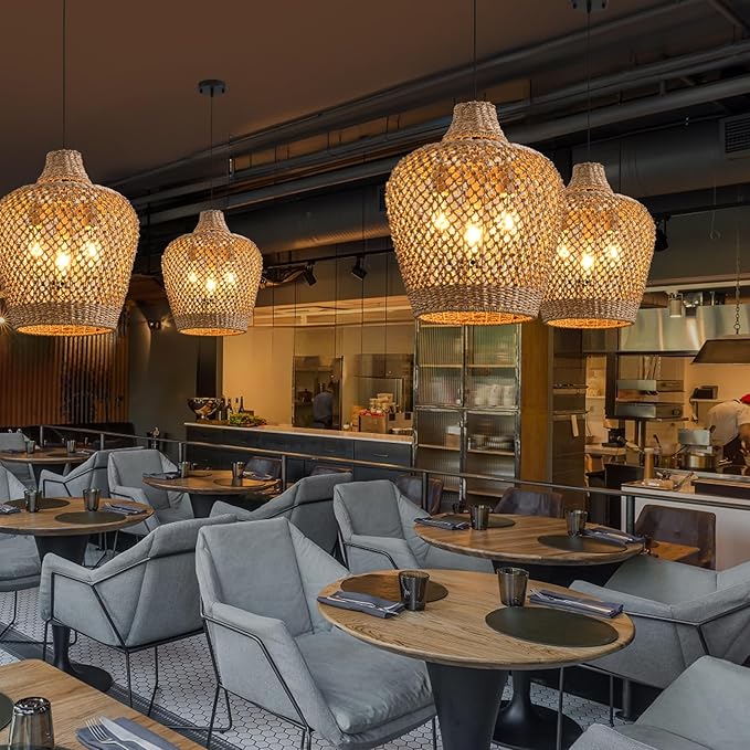 18.9" Rattan Pendant Light Fixtures,Boho Rattan Pendant Light,3-Light Hand Woven Seagrass Chandelier for Workplace Occasions Restaurants Dining Living Bedroom Kitchen Farmhouse