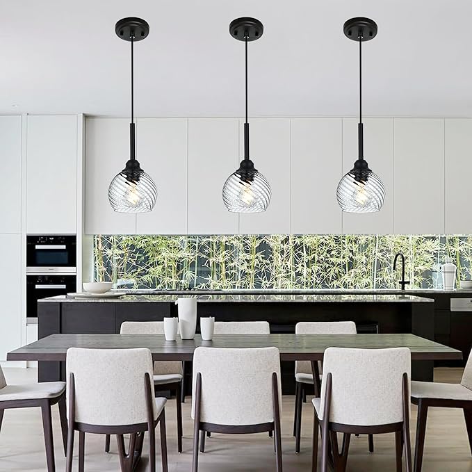 3 Pack Dining Room Light Fixtures Hanging with Clear Striped Swirl Globe Glass, Stylish Kitchen Island Hanging Pendant Light Black for Bar Hallway Bedroom, 1-Light