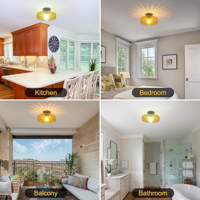 Semi Flush Mount Ceiling Light, 11.8" Mid Century Modern Close to Ceiling Light Fixtures with Amber Glass Shade, 1-Light Vintage Drum Lights for Bedroom Kitchen Entryway Hallway Porch Foyer
