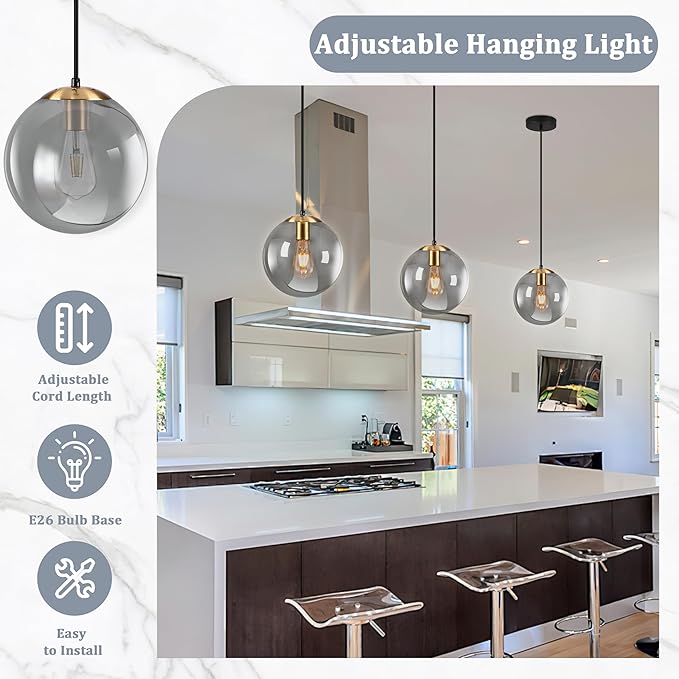 KoKo&Yukina 10 Inch Pendant Light Glod Globe Pendant Lights Kitchen Island Mid Century Light Fixture Adjustable Globe Pendants Lights with Grey Glass Shade for Dining Room Living Room