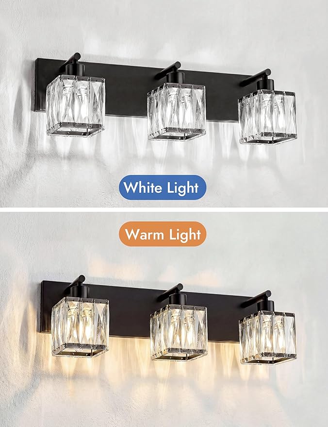 VOLISUN Black Bathroom Light Fixtures, Modern Bathroom Lighting Fixtures Over Mirror, 3 Light Bathrooms Vanity Light, Crystal Vanity Light for Bathrooms-UL Certificated(Exclude Bulb)