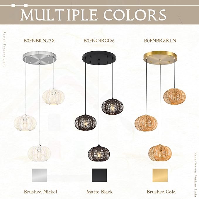 12" Boho Black 3-Light Boho Chandeliers for Kitchen Island Hand-Woven Boho Rattan Chandeliers Dimmable Adjustable Hanging Wicker Chandelier for Dining Room Living Room（Bulb Incl.）
