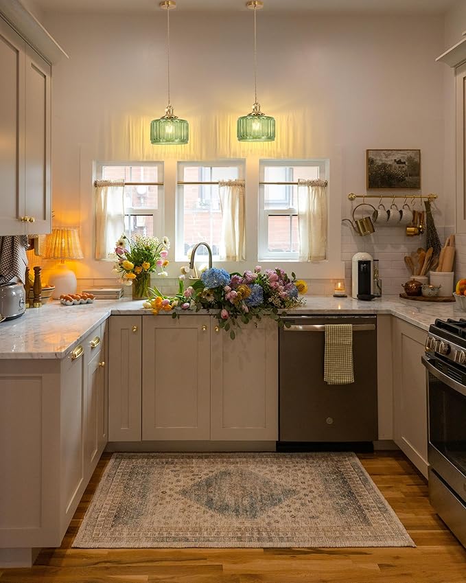 Shenmoyl Pendant Light 2 Pack with Green Striped Glass Lmapshade, Brass Vintage Pendant Light Adjustable Hanging Light for Kitchen Island Dining Room Hallway