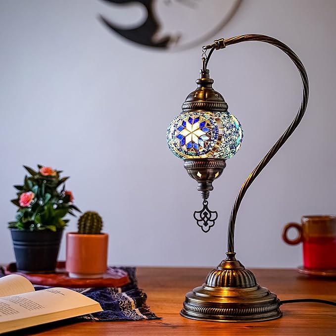 Turkish Mosaic Lamp, Blue Handmade Moroccon Lamp, Decorative Glass Antique Bohemian Vintage Colorful, Swan Neck Bedside Table Desk Lamp, (LED Bulb Included)