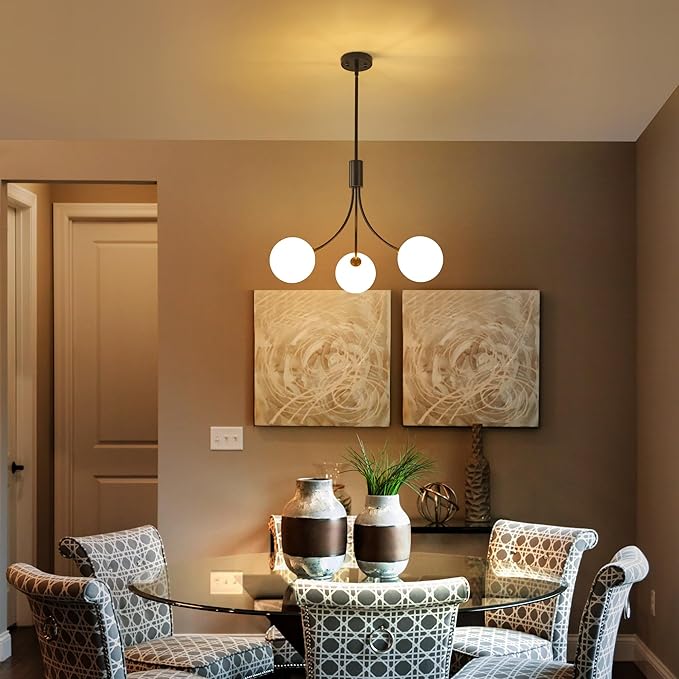 CNRATYE 3-Light Modern Farmhouse Black Chandeliers for Entryway, Mid Century Milk Globe Sputnik Chandelier, Vintage Pendant Lighting for Kitchen Island Dining Room Foyer Bedroom Bathroom