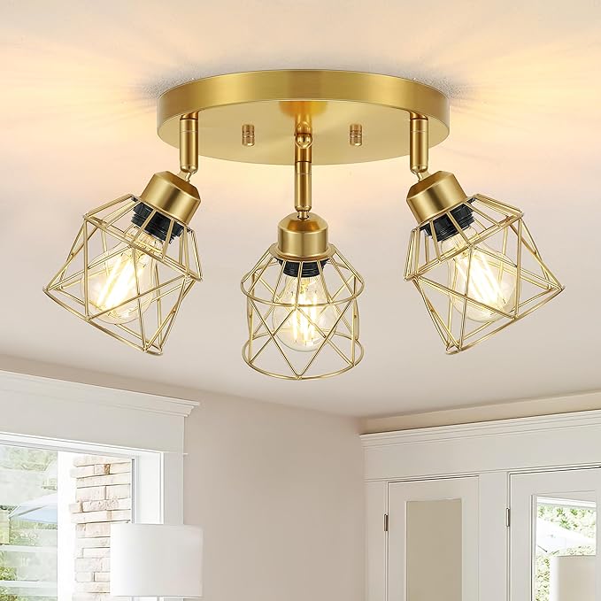 3-Light Brushed Gold Kitchen Light Fixtures, Modern Close to Ceiling Light with Metal Cage, Multi-Directional Gold Ceiling Lights for Farmhouse, Hallway, Dining Room, Entryway