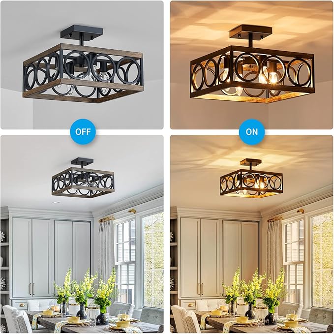 XINGQI Modern 4-Light 13'' Farmhouse Vintage Semi Flush Mount Ceiling Light Fixture for Living Dining Room Bedroom, Antique Wood Grain+Black Finish with Square Metal Shade,E12 Bulbs
