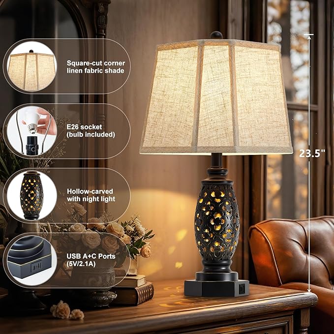 EJIAXIN Table Lamps Set of 2-23.5" Vintage Bedside Lamp with USB A+C and Nightlight - Black Carved Resin Retro Desk Lamp for Bedrooms, End Tables, Living Room, Bulbs Included