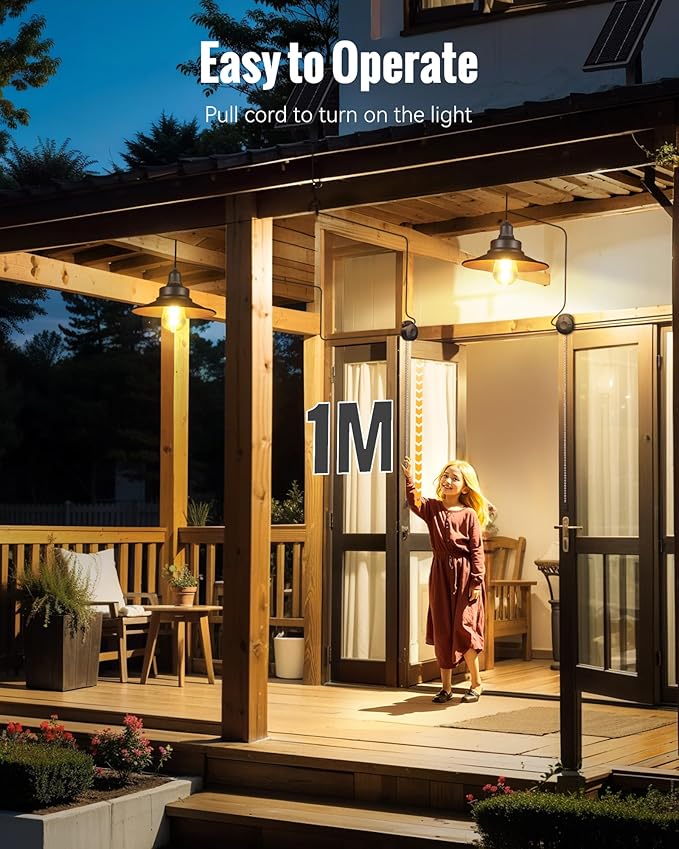 Solar Pendant Light Indoor Outdoor, Solar Shed Light IP65 Waterproof Metal Powered Chandelier, Gazebo Lights with Pull Cord for Garden, Chicken Coop, Gazebo, Barn, 2 Packs