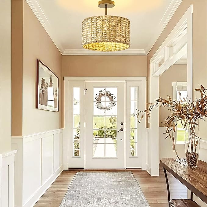 13"Rattan Ceiling Light Fixture Flush Mount, 2-Light Boho Rattan Hand-Woven Ceiling Light Fixtures Drum Wicker Chandelier Light Fixture for Dining Room Bedroom Living Room Hallway Foyer Kitchen