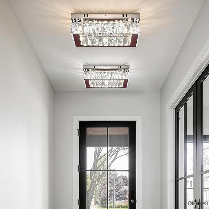 Finktonglan Modern Crystal Flush Mount Ceiling Light, 11.8" Rectangular LED Ceiling Fixture with Multi-Faceted Crystal Prisms, Cool White, 18W Low Profile for Bedroom Hallway Entryway