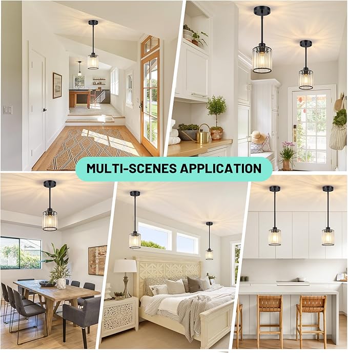 1 Pack Black Pendant Light, Modern Kitchen Island Lighting with Clear Crystal Shade, Adjustable Height Rods Hanging Light Fixtures, Mini Ceiling Pendant Lights for Sink Dining Table Hallway
