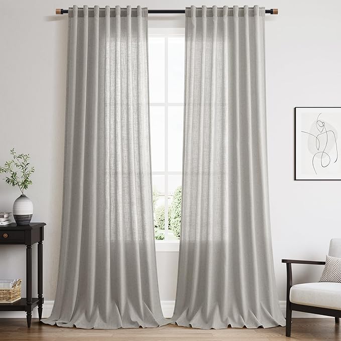 Nanspring Light Gray Linen Curtains 108 Inches Long for Living Room Extra Long Simple Modern Coastal Decor Semi Sheer Curtain Grey Back Tab Floor to Ceiling Drapes for Bedroom 52x108, 2 Panels