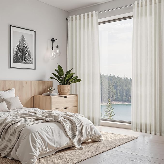 Nanspring Mousse White Curtains 90 Inches Long for Living Room Linen Light Filtering Semi Sheer Curtain Back Tab Rod Pocket Simple Modern Elegant Coastal Decor Drapes for Bedroom 52x90, 2 Panels