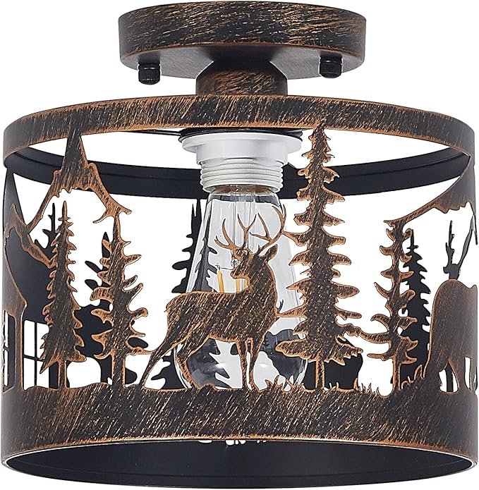 Rustic Semi-Flush Ceiling Light, 9.1" Black Metal Fixture with Deer, Bear & Cabin Design, Farmhouse Lighting with E26 Base for Bedroom, Living Room, Hallway, or Entryway