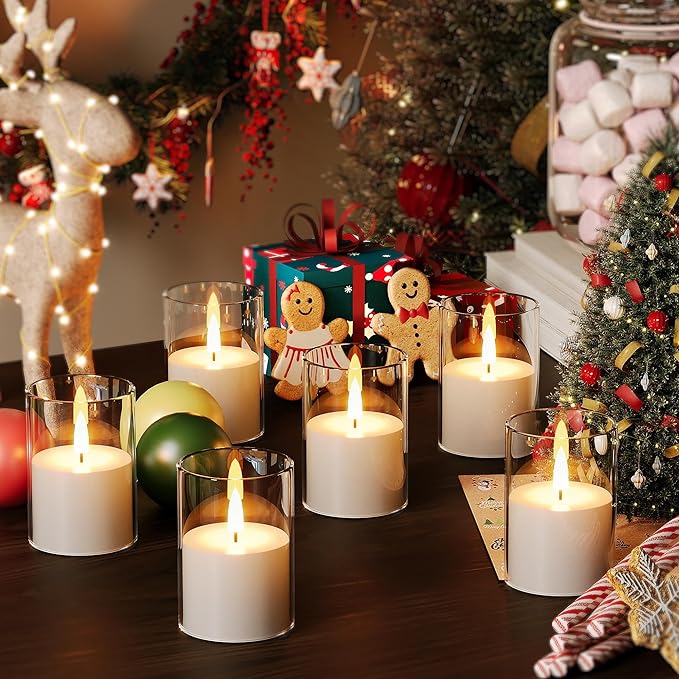 VIODAIM 12Pack Flickering Flameless LED Candles with Timer, Battery Powered - Small Pillar & Votive, Clear (2"X3")