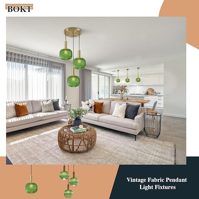 BOKT Mid Century Green Glass Pendant Lights 2-Light Mini Globe Ceiling Pendant Light Ribbed Glass Pendant Light Gold Finish Hanging Light Fixture for Kitchen Island Foyer