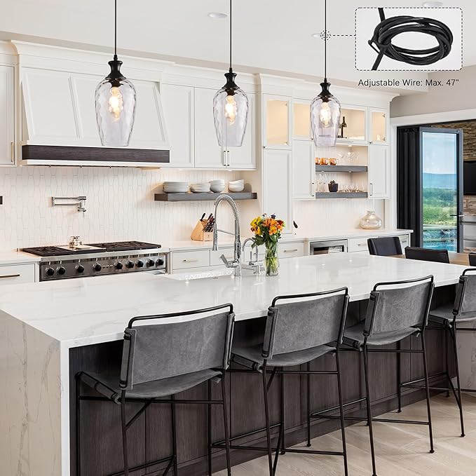 Glass Pendant Lights Kitchen Island, 1-Light Black Pendant Light Fixtures with Hand-Blown Clear Glass, Farmhouse Hanging Light for Kitchen Sink Dining Room Bedroom, E26
