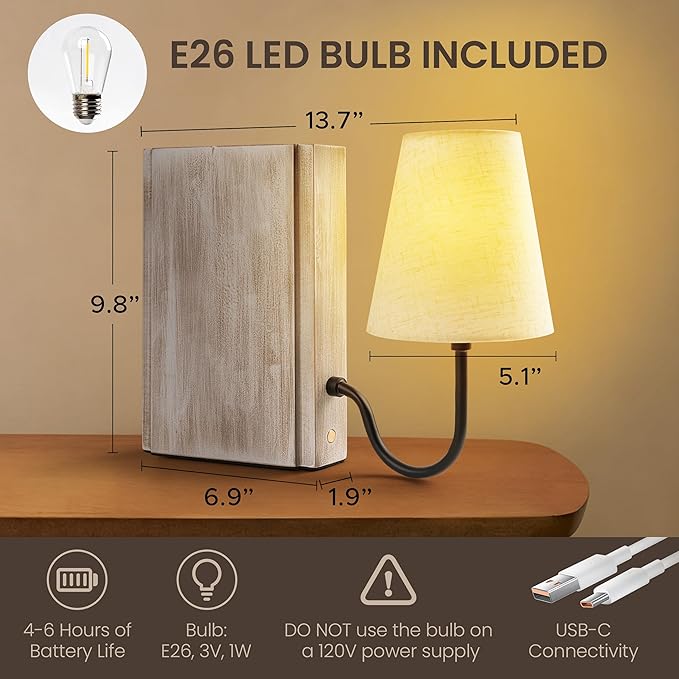 AELS Wooden Bookshelf Lamp with Bulb, Cordless Touch Dimmable Table Lamp with Linen Fabric Shade, Battery Operated, Modern Farmhouse Decorative Bookend, Book Sconce for Office Home Bedroom, White