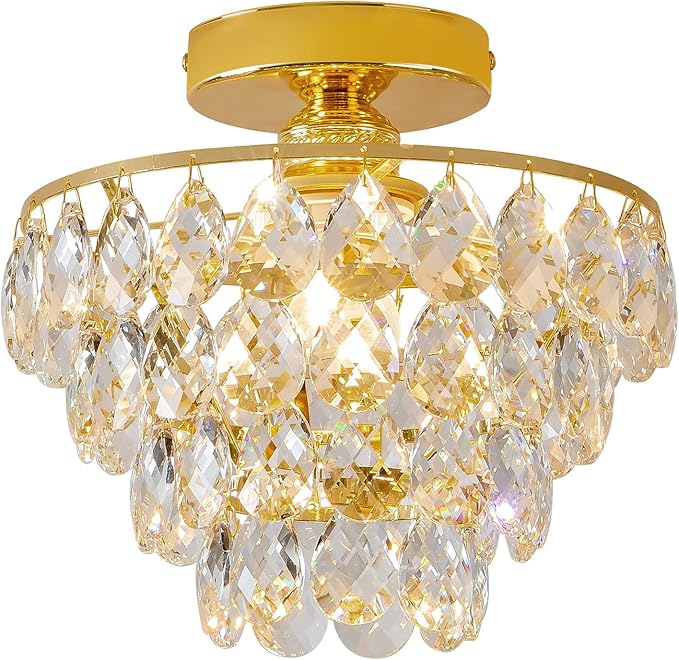 CM MZY Modern Gold Crystal Chandeliers, Mini Flush Mount Ceiling Light Fixture, Close to Ceiling Lamp Fixture for Hallway Bedroom Bathroom Closet Kitchen Foyer