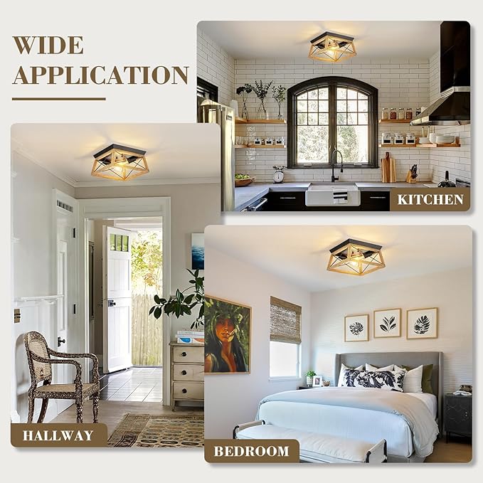 Boho Rattan Ceiling Light Fixture 2-Light Flush Mount Ceiling Light with Rattan Wood Shade Farmshouse Ceiling Lamp Fixture for Hallway Entryway Kitchen Sink Dining Room Bedroom