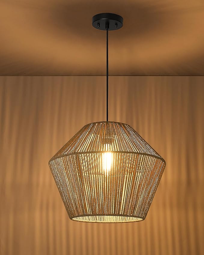 ELYONA Woven Pendant Light, 17” Modern Boho Chandelier Handwoven Rattan Basket Shade, Rustic Pendant Light Fixtures Farmhouse Ceiling Hanging Lamp for Dining Room, Kitchen Bedroom, Entryway, Foyer
