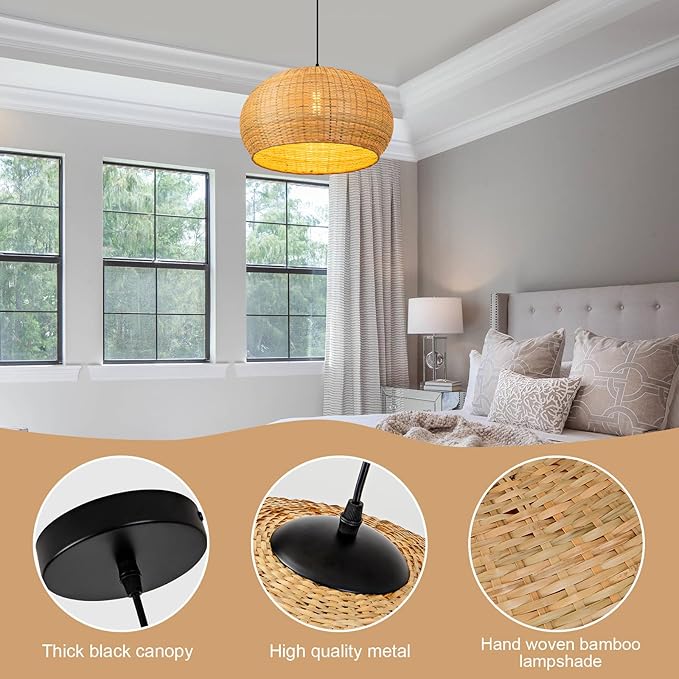 18.93in Bamboo Pendant Lights Wicker Light Hand-Woven Rattan Light Fixture Boho Coastal Ceiling Chandelier Lighting for Beach Kitchen Island Restaurant Hallway Dining Room Bedroom