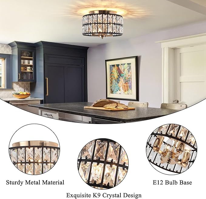 JHLBYL Black and Gold Crystal Ceiling Light: 4-Light 11.22 Inch Flush Mount Chandelier with K9 Crystals - Modern Close to Ceiling Light Fixture for Hallway Bathroom Entryway - E12 Base
