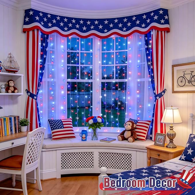 JMEXSUSS 200 LED Red White and Blue Curtain Lights, 6.5ft x 6.5ft 4th of July Lights USB Plug in, 8 Modes Patriotic Hanging Curtain String Lights with Remote for Memorial Day Independence Day Decor