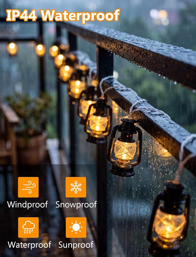 8.5Ft Black Mini Kerosene String Lights, Vintage Camping Lantern Lights Outdoor with 10 LED Oil Lamp Bulbs, Waterproof Connectable Plug in Fairy Lights for Patio RV Awning Bedroom Party Holiday Decor
