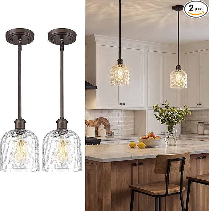 zeyu Large Kitchen Pendant Lightings, Hanging Ceiling Lights Fixtures Kitchen 2 Pack, Adjustable Hanging Lights with Clear Hammered Glass, Oil Rubbed Bronze Finish, ZJF63MIL-L-2PK ORB