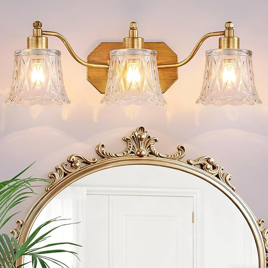 22" Gold Bathroom Light Fixture, 3 Light Brass Vintage Vanity Light, Antique Gold Finish with Crystal Glass Shade, Suit for Bathroom, Bedroom or Hallway