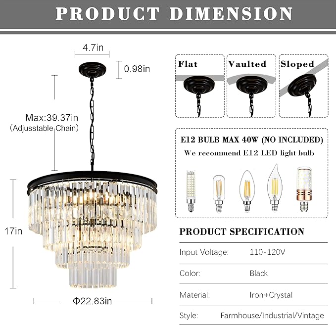 Modern Crystal Chandelier Lights 22.8" 10-Light K9 Crystal Pendant Light 4-Tier Black Luxury Crystal Hanging Dining Room Light Fixture for Living Room Kitchen Bedroom Stairway Office Foyer