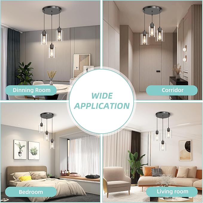 CANMEIJIA 3-Light Pendant Light Fixtures Black Glass Pendant Lights Kitchen Island, Industrial Hanging Pendant Lighting for Dining Room Bedroom, Modern Ceiling Lamp E26 Base, Bulbs Not Included