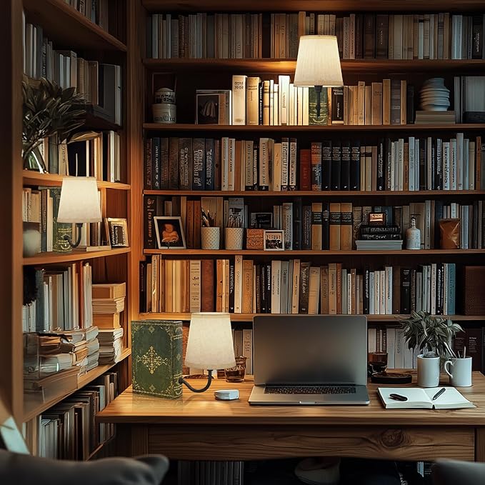 Vintage Bookshelf Lamp Rechargeable, Cordless Book Lamp with Linen Shade, Dimmable Touch Control Table Lamp, Modern Decorative Bookend, Bookshelf Lights for Office Home, Library, Study