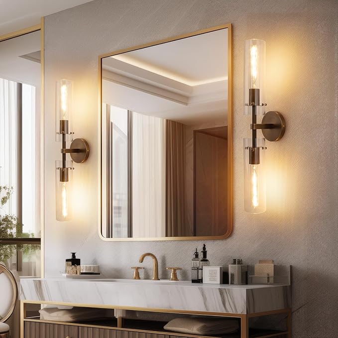 Brass Bronze 2-Light Knurled Wall Sconce, Dual-Head Vanity Lamp Set of Two with Clear Glass Tube, Bathroom Wall Sconces, Wall Lights for Living Room Bedroom Hallway Kitchen Bathroom Mirror