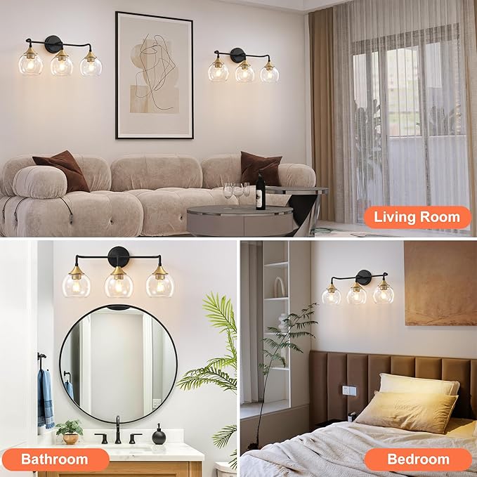 Bathroom Light Fixtures 3 Light Bathroom Vanity Light with Clear Glass Shade, 22 inch Vanity Lighting Fixtures Over Mirror, Black and Gold Vanity Lights Fixture (Exclude E26 Bulb)