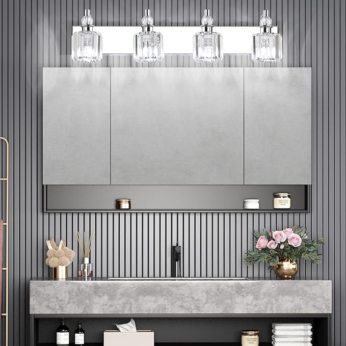 Ralbay Crystal Bathroom Vanity Light - 4 Light Modern Crystal Bathroom Lights Fixtures Over Mirror, Stainless Steel Chrome Vanity Light for Wall Lights Fixtures