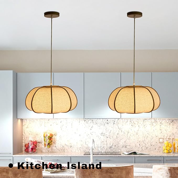15" Bamboo Pumpkin Pendant Light, Adjustable 71" Hanging Lamp with Boho Japandi Fabric Shade, Ceiling Light for Dining Room, Kitchen, Bedroom, E26 Base (Nature Color)