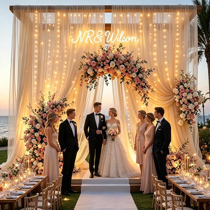Champagne Tulle Backdrop Curtains with Lights String for Parties - 20×10Ft Sheer Backdrop Curtains with Lights for Wedding, Baby Shower, Birthday Party, Photo Shoot Background Decoration