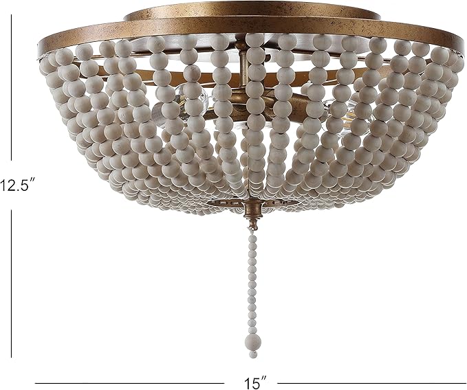 JONATHAN Y 15" Antique Gold/Cream Allison 3-Light LED Flush Mount Ceiling Light for Bedroom, Wood Beaded Shade Shabby Chic Farmhouse Rustic Decor, LED Bulbs Included (JYL9019A)