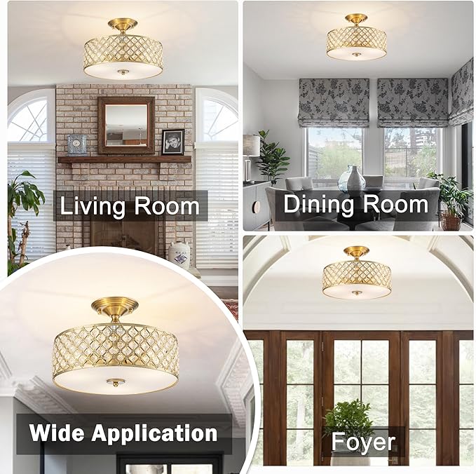 3-Light Gold Semi Flush Mount Ceiling Light Fixture,Modern Drum Crystal Metal Acrylic Round Close to Ceiling Light