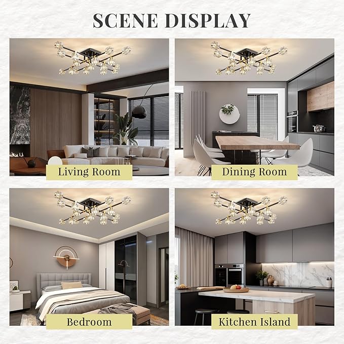 Crystal Sputnik Ceiling Light Fixture，Modern Luxury Black and Gold Chandeliers with 17-Light，Semi Flush Mount Ceiling Light Fixture for Dining Room,Living Room,Kitchen Island,Bedroom.