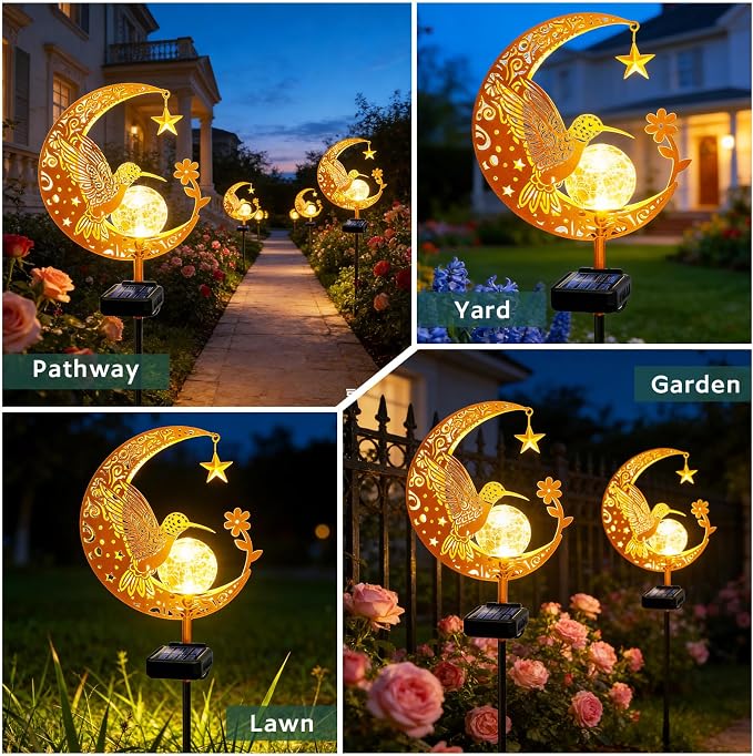 Solar Garden Decor Outdoor Statue, Moon Fairy Garden Figurines with Hummingbird Design for Mom Women Grandma Solar Stake Lights for Patio, Yard, Lawn, Pathway (Warm White)