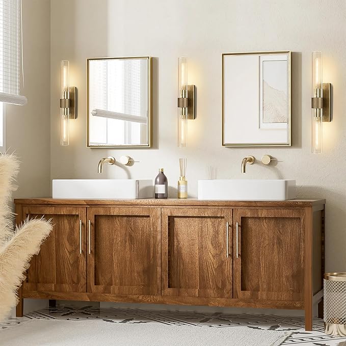 Wall Sconces Set of Two, Gold Bathroom Sconces Wall Lighting with Clear Glass, Modern Sconces Wall Decor Light Fixtures for Bathroom Mirror Living Room Hallway Bedroom