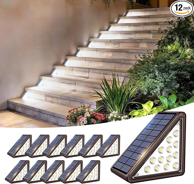 JEJOT Solar Step Lights Outdoor Waterproof IP65,Cool White Brown Solar Stair Lights, Outdoor Light Decor for Stair, Deck, Step, Porch and Outside Patio, 12 Pack