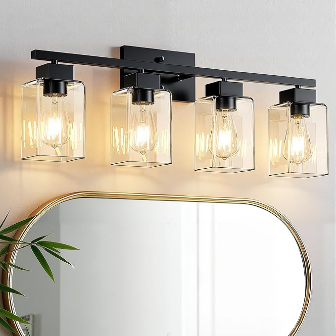 PARTPHONER 4-Light Bathroom Light Fixtures, Matte Black Modern Vanity Lights, Bathroom Lighting Fixtures Over Mirror, Square Design Farmhouse Wall Sconces with Clear Glass Shades