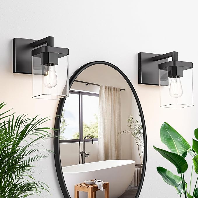 Set of 2 Wall Sconce, Square Design Morden Bathroom Lighting Fixtures with Clear Glass Shade, Matte Black Wall Lights for Living Room/Bedroom/Hallway/Porch