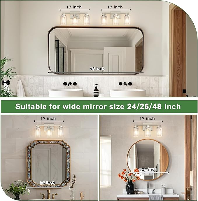 DORESshop 17 Inch Bathroom Light Fixtures, 3-Light Nickel Bathroom Lighting Fixtures Over Mirror with Clear Glass Shade, Vanity Lights for Living Room Bedroom