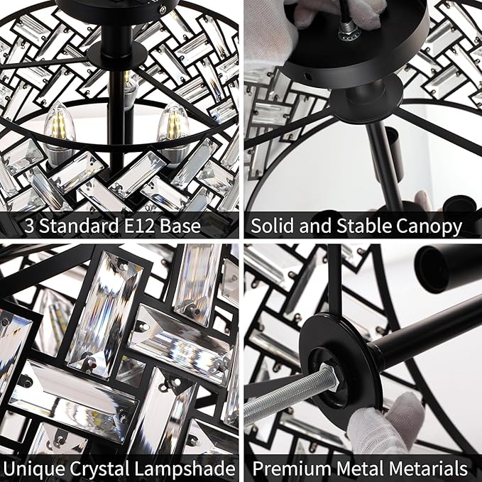 FRIDEKO HOME Black Crystal Ceiling Light - 3-Light Light Fixture Ceiling Mount Semi Flush Mount Ceiling Lights for Kitchen Bedroom Hallway Living Room Dining Room（3 Light-Black）